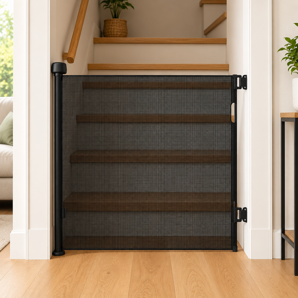 Black retractable baby stair gate with mesh panel and secure side brackets