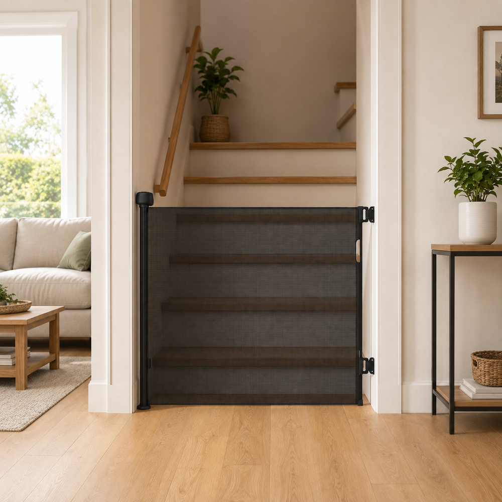 Black retractable baby stair gate with mesh panel and secure side brackets