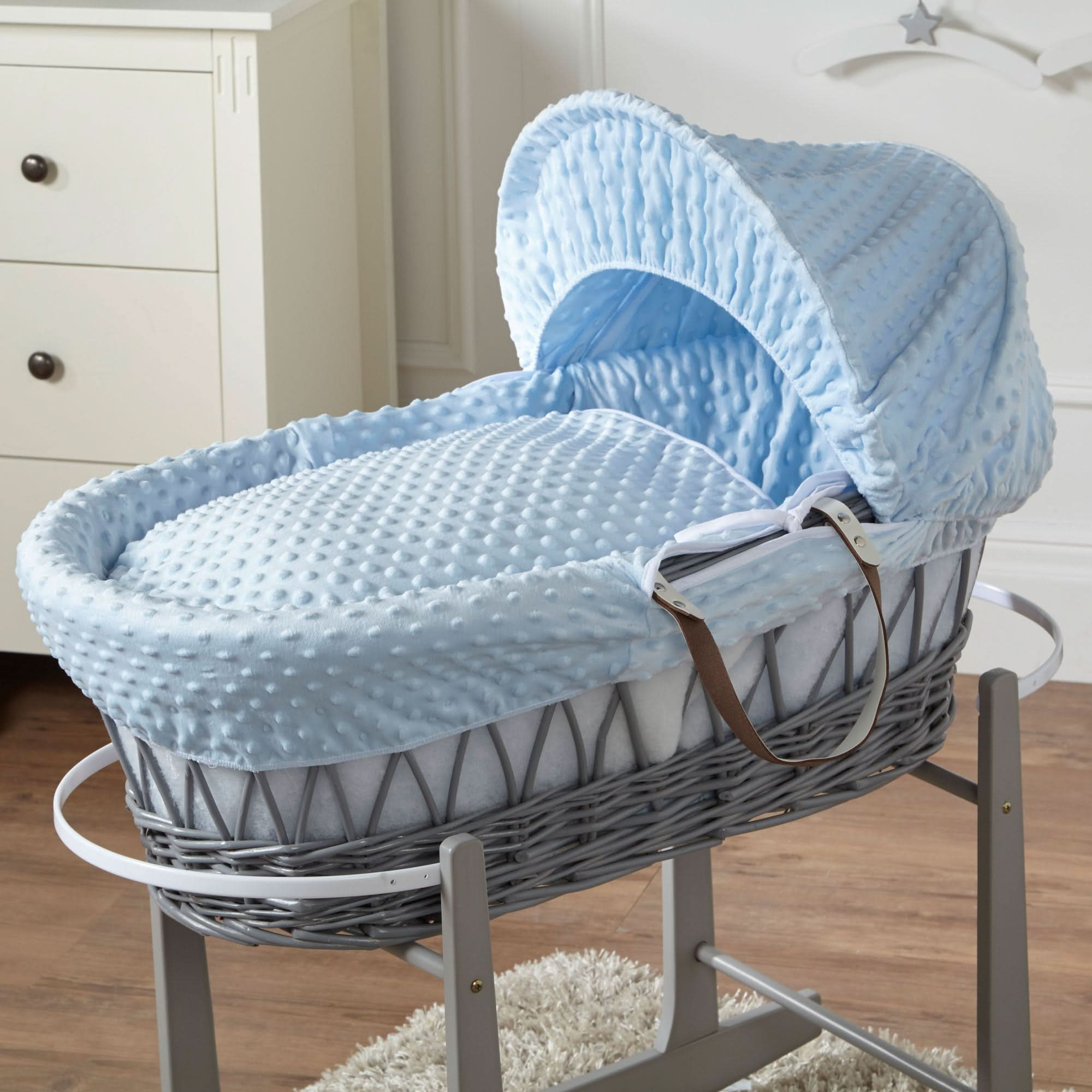 Blue Dimple Grey Wicker Baby Moses Basket With Stand   