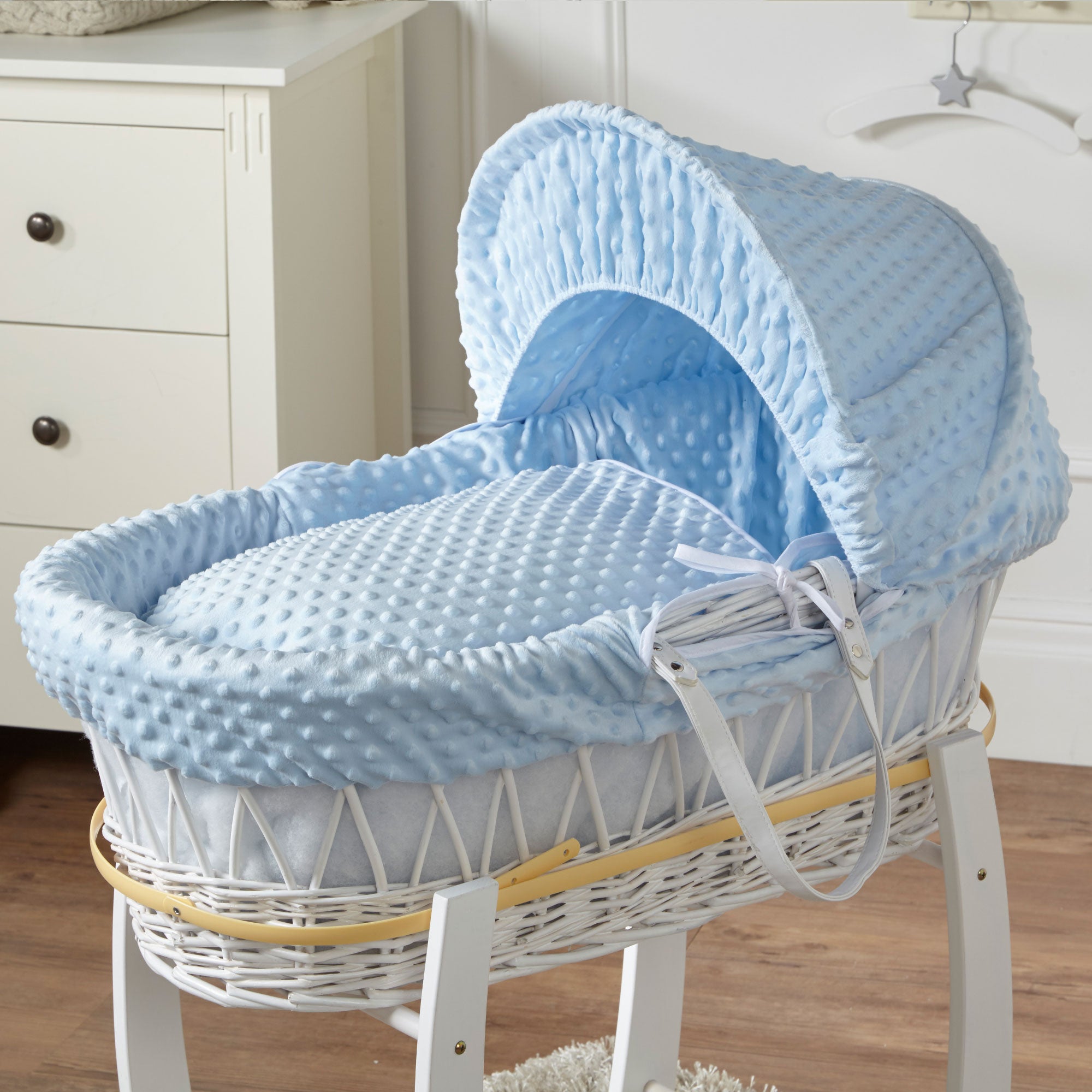 Blue Dimple White Wicker Baby Moses Basket With Stand   