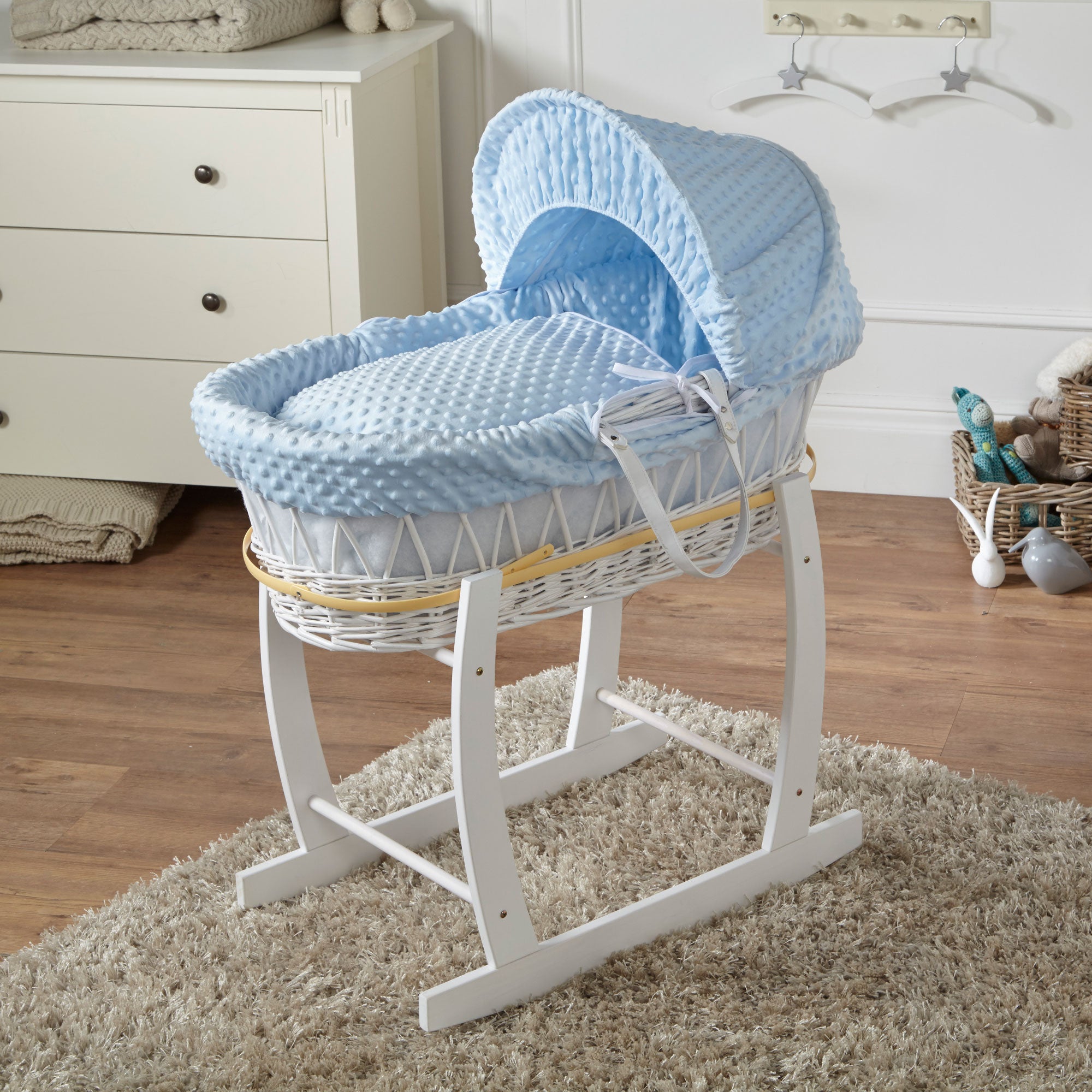 Blue Dimple White Wicker Baby Moses Basket With Stand   