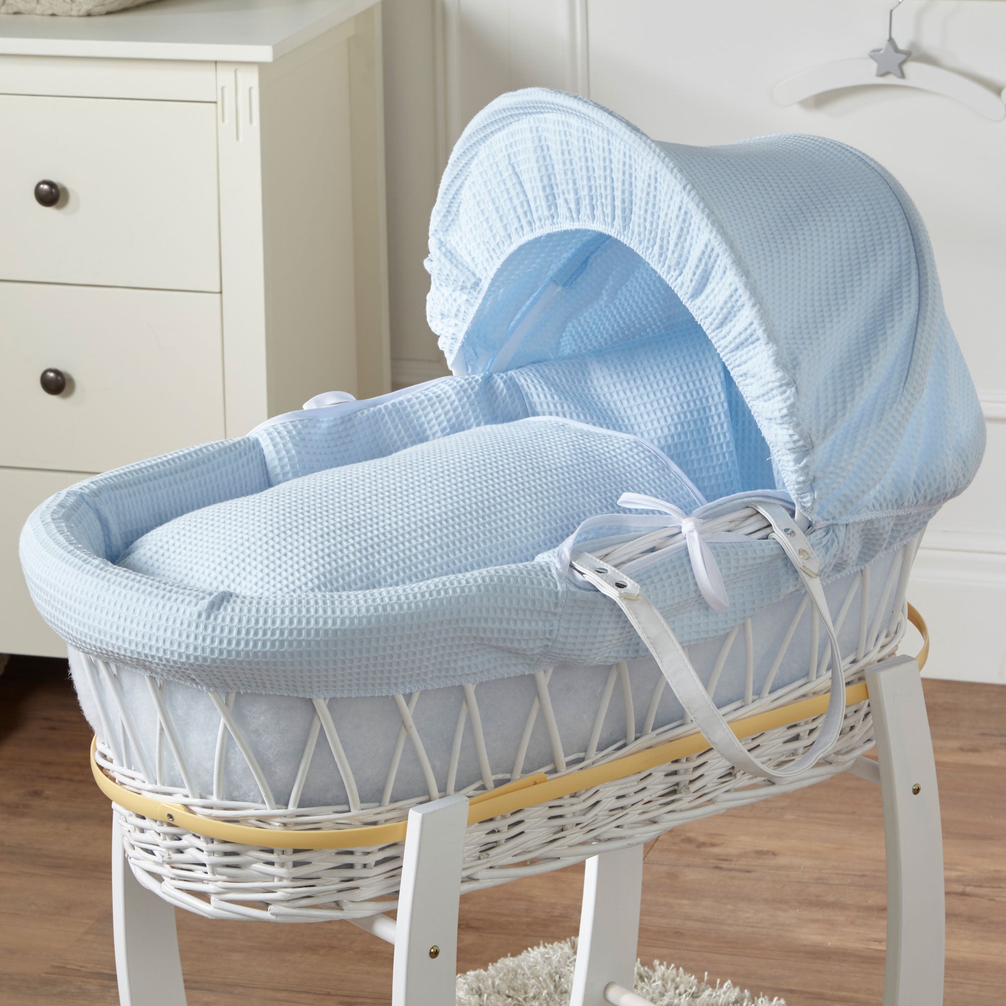 Blue Waffle White Wicker Baby Moses Basket With Stand   