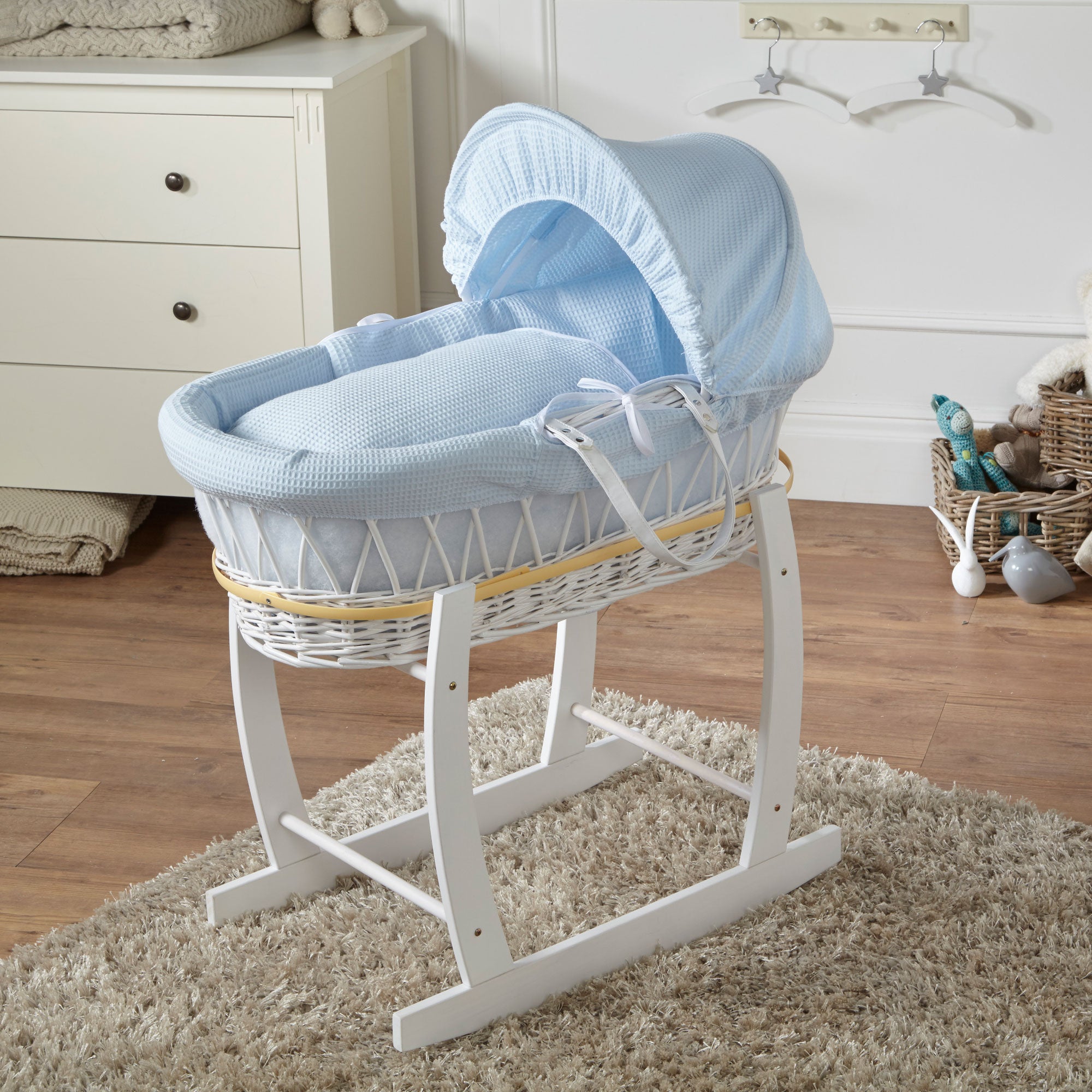 Blue Waffle White Wicker Baby Moses Basket With Stand   