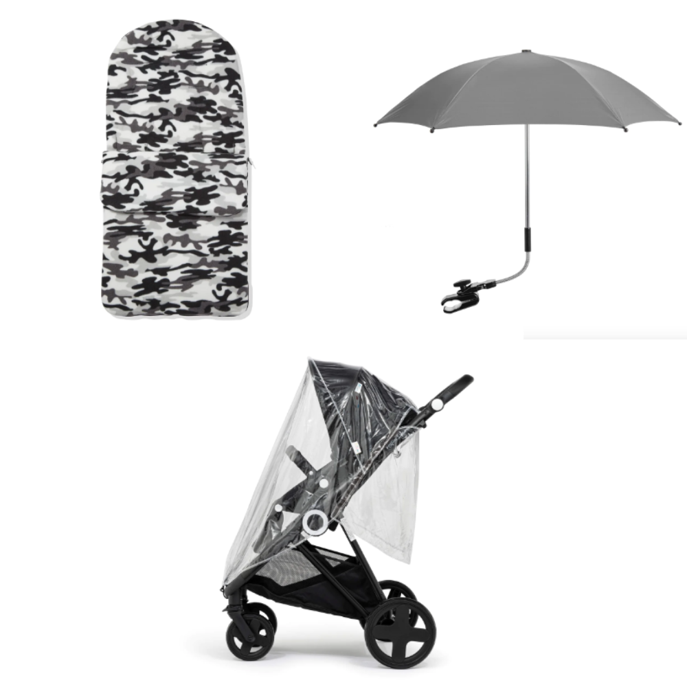 Grey Camouflage Footmuff, Parasol and Universal Rain cover Pushchair Bundle -  | For Your Little One