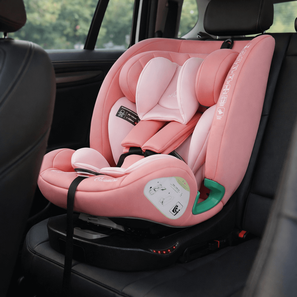 Pink child car seat installed in a vehicle