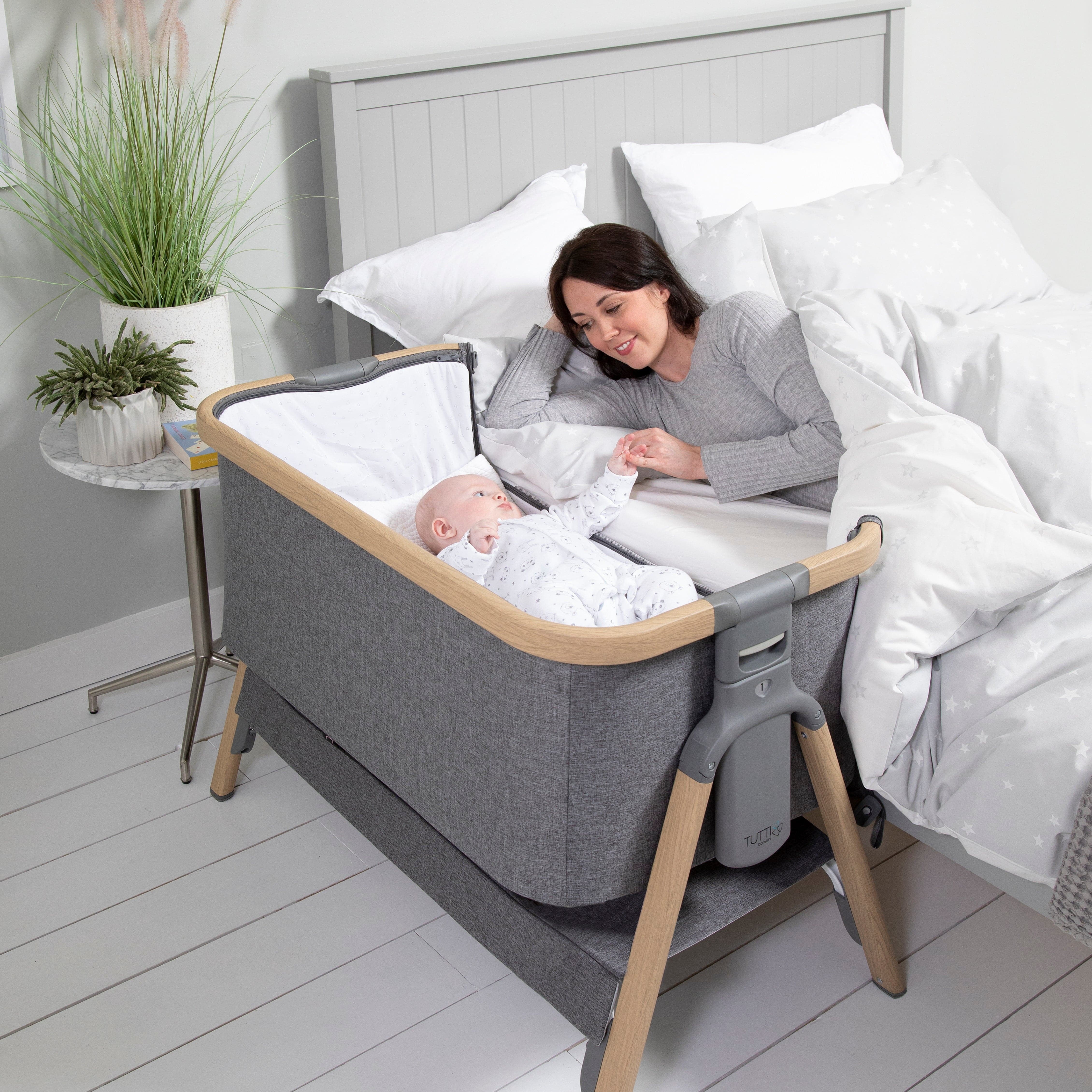 Tutti Bambini CoZee Bedside Crib - Oak and Charcoal - For Your Little One