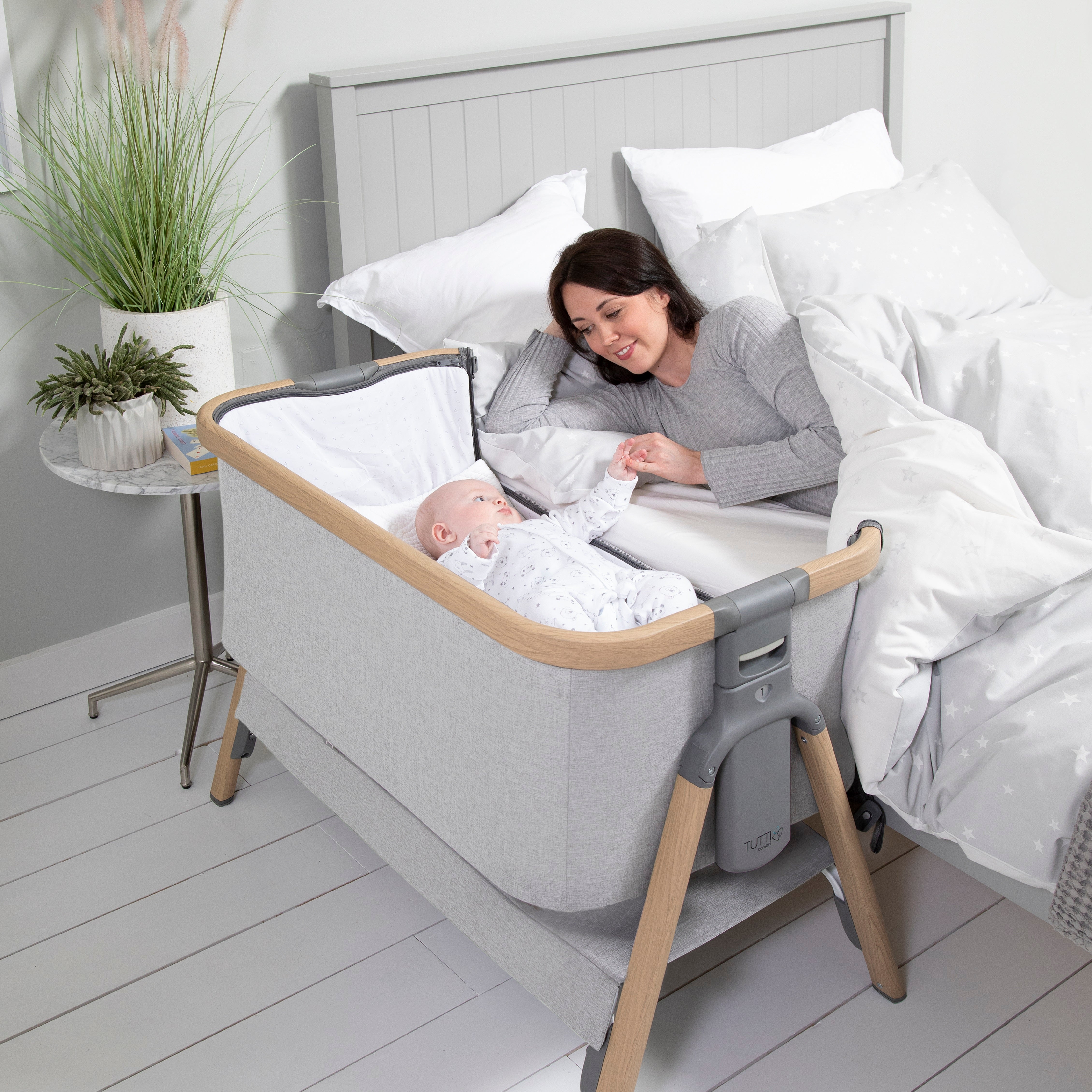 Tutti Bambini Cozee Bedside Crib - Oak/Sterling Silver - For Your Little One