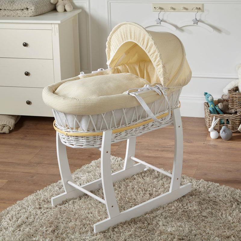 Cream Waffle White Wicker Baby Moses Basket With Stand