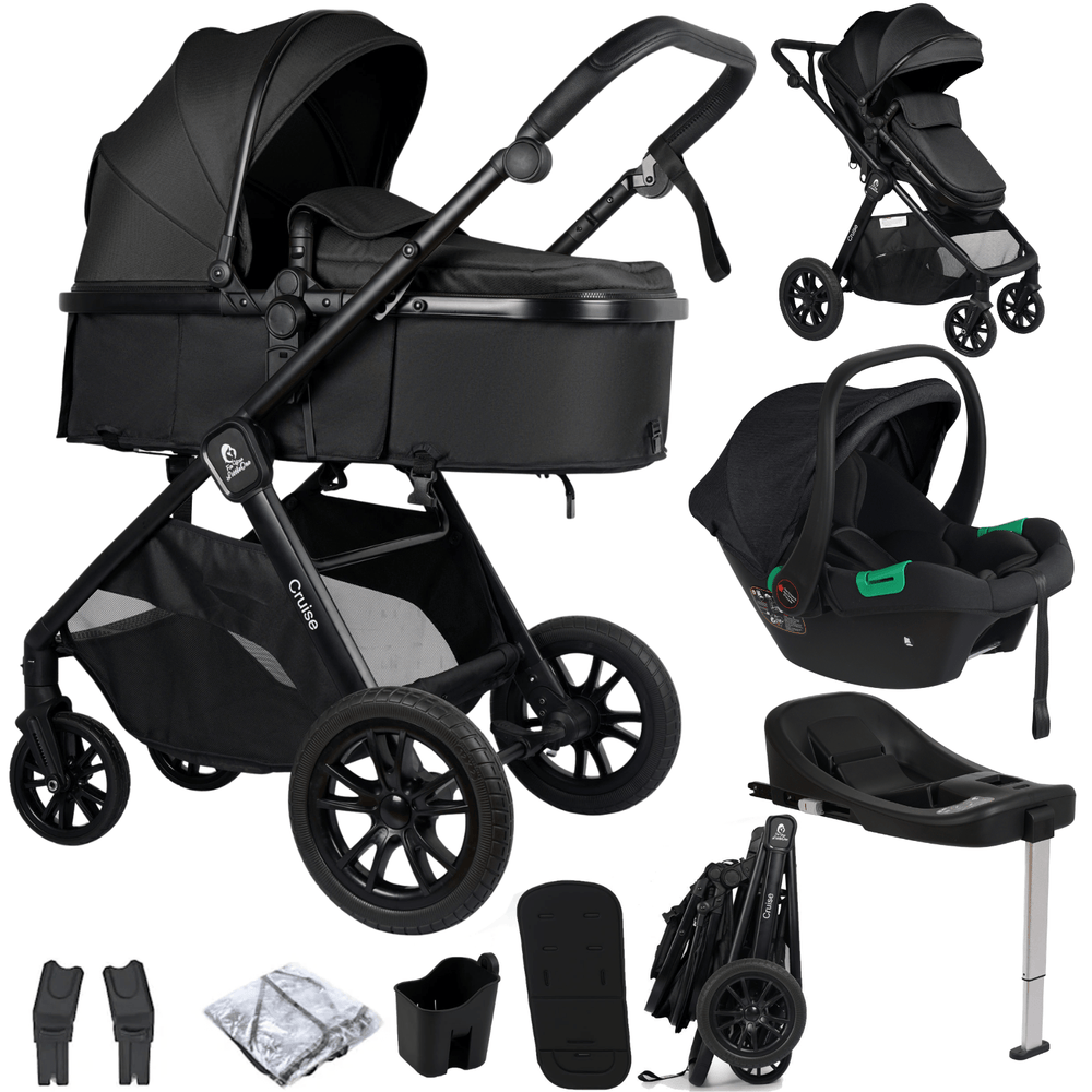 Black travel system set with stroller, car seat, base and included accessories
