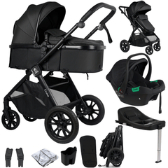 Black travel system set with stroller, car seat, base and included accessories