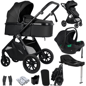 Black travel system set with stroller, car seat, base and included accessories