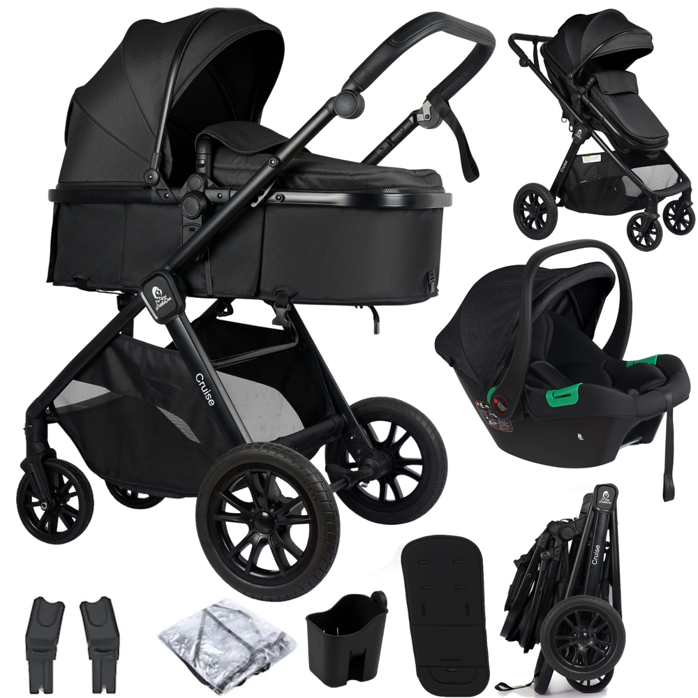 Black travel system stroller with detachable car seat and bundled accessories