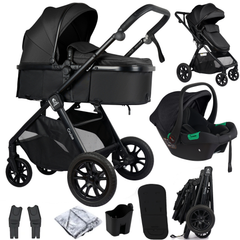 Black travel system stroller with detachable car seat and bundled accessories