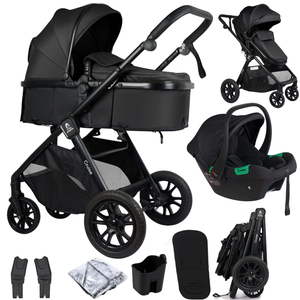 Black travel system stroller with detachable car seat and bundled accessories