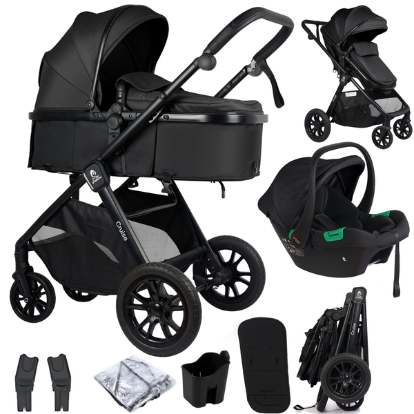 Black travel system stroller with detachable car seat and bundled accessories