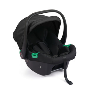 A black baby car seat with a matching black canopy and harness, featuring small bright green accent details on the side, shown on a clean white background.