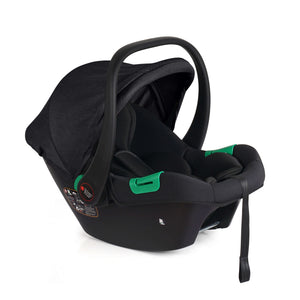 Black infant car seat with canopy and green handle, angled view