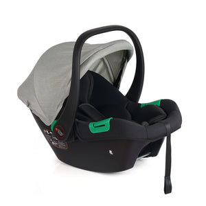 Sage infant car seat with grey canopy and green latch accents, angled view