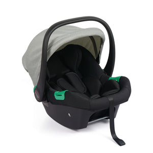 Sage infant car seat with grey canopy and black seat, viewed from the side