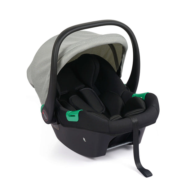 Sage infant car seat with grey canopy and black seat, viewed from the side