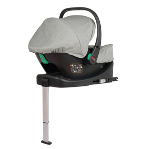 Sage infant car seat with grey canopy and black shell, base feet visible