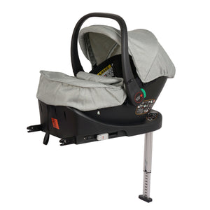 Sage infant car seat with grey canopy and black shell, rear view with ISOFIX