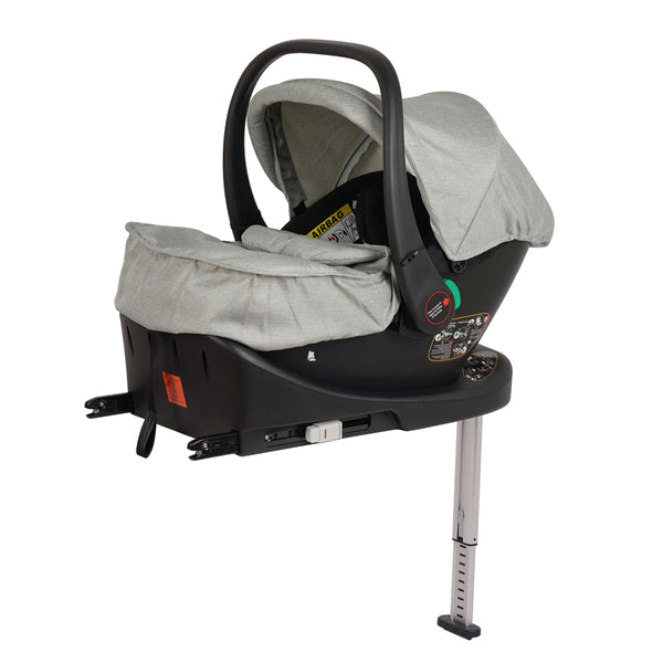 Sage infant car seat with grey canopy and black shell, rear view with ISOFIX