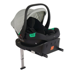 Sage infant car seat with grey canopy and black shell, side view with base