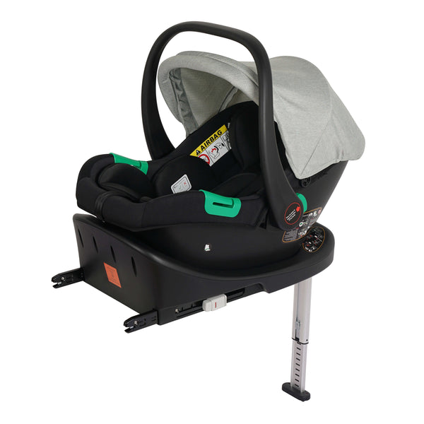 Sage infant car seat with grey canopy and ISOFIX base legs, front view