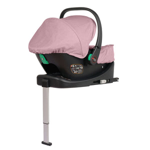 Blush rose canopy infant car seat viewed from side on black base
