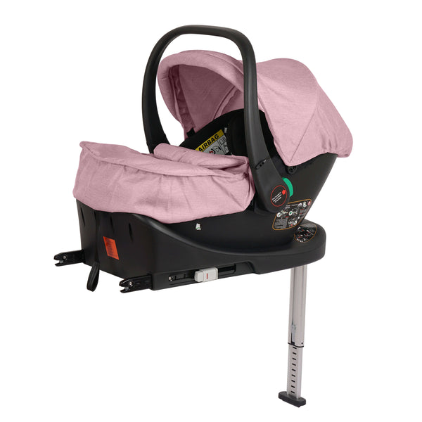 Blush rose infant car seat with canopy and black base with ISOFIX-style connectors