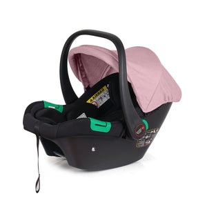 Blush rose and black infant car seat with canopy and safety harness