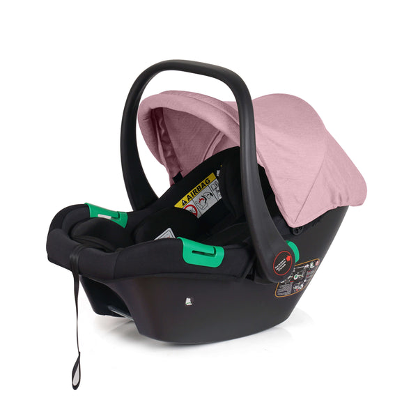 Blush rose and black infant car seat with canopy and safety harness