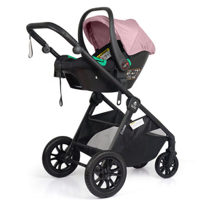 Stroller frame with attached blush rose infant car seat, side view