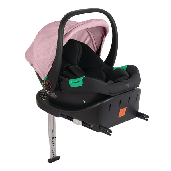 Blush rose infant car seat on black base with height-adjustable support legs