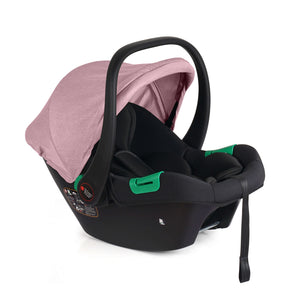 Blush rose and black infant car seat with canopy and front-facing harness