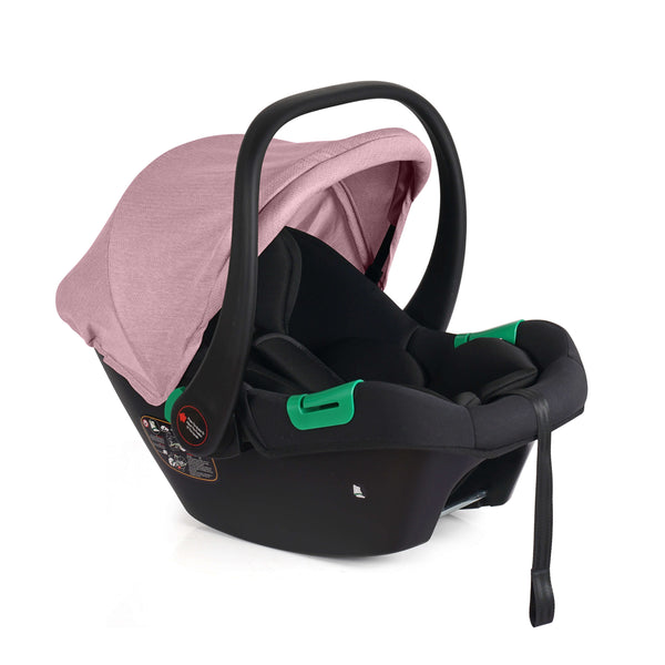 Blush rose and black infant car seat with canopy and front-facing harness
