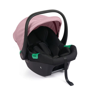 Blush rose canopy infant car seat on black base with green handle accents