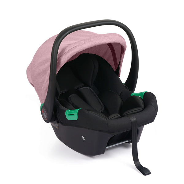 Blush rose canopy infant car seat on black base with green handle accents