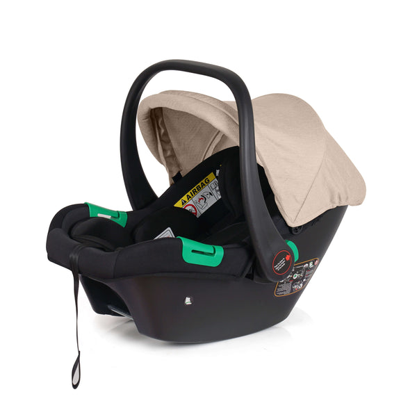 Dune beige and black infant car seat with handle, canopy, and base