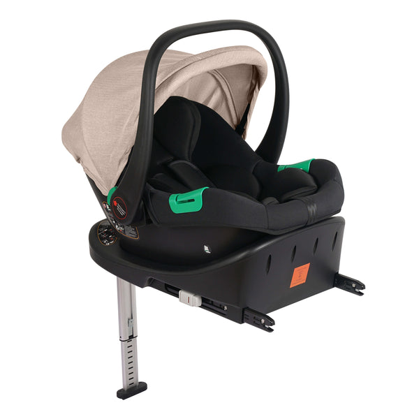 Black infant car seat on adjustable ISOFIX base with beige canopy