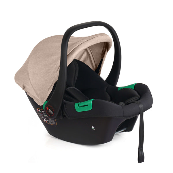 Black infant car seat with beige canopy and front carrying handle