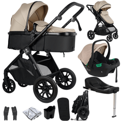 Complete travel system set: stroller, car seat, accessories, and base components