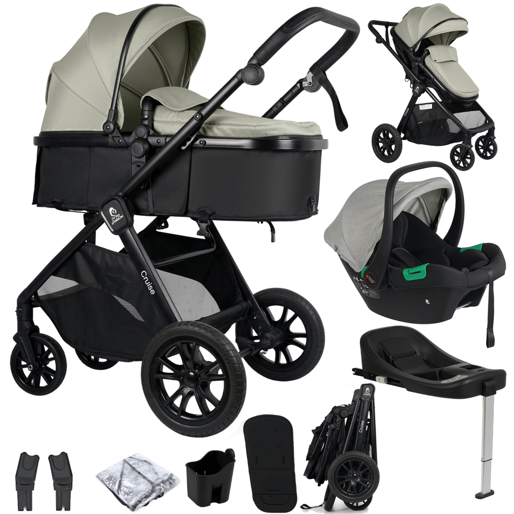 A multi-piece baby stroller travel system set on a white background, featuring a bassinet stroller, infant car seat, travel system base, folded stroller, hand straps, and accessories. The stroller has a black frame and a light sage green/beige fabric, with the brand name 'Cabin' visible on the handlebar.