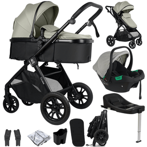 A multi-piece baby stroller travel system set on a white background, featuring a bassinet stroller, infant car seat, travel system base, folded stroller, hand straps, and accessories. The stroller has a black frame and a light sage green/beige fabric, with the brand name 'Cabin' visible on the handlebar.
