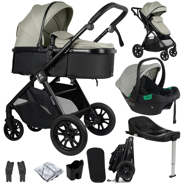 A multi-piece baby stroller travel system set on a white background, featuring a bassinet stroller, infant car seat, travel system base, folded stroller, hand straps, and accessories. The stroller has a black frame and a light sage green/beige fabric, with the brand name 'Cabin' visible on the handlebar.
