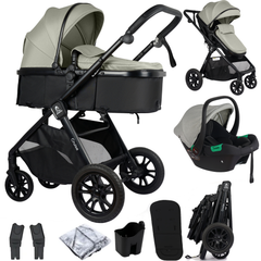 3-in-1 sage and black travel system stroller with infant car seat and accessories