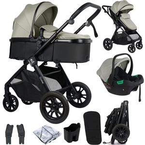 3-in-1 sage and black travel system stroller with infant car seat and accessories