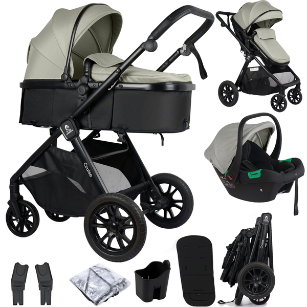 3-in-1 sage and black travel system stroller with infant car seat and accessories