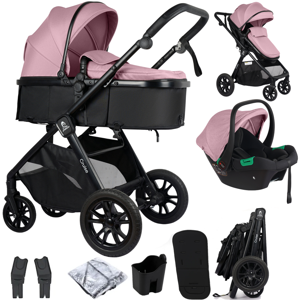 Blush rose 3-in-1 travel system with stroller and matching infant car seat